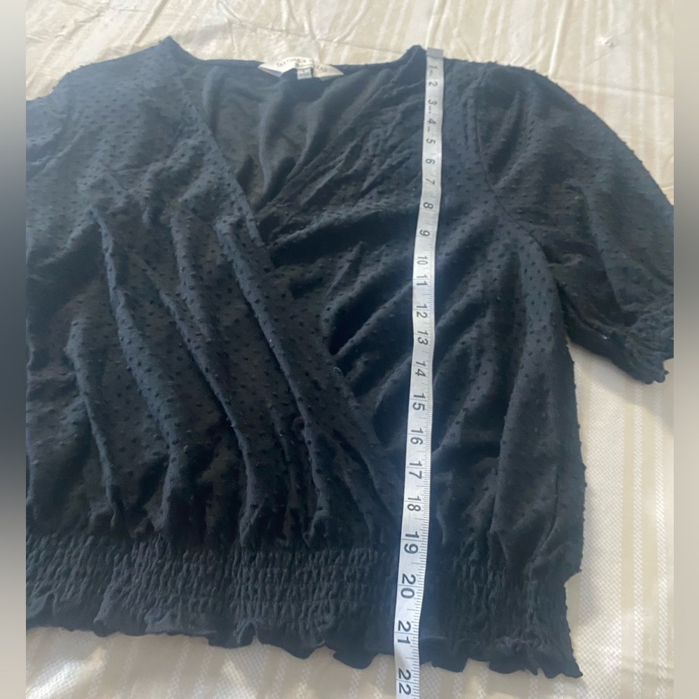 Madewell Texture & Thread Black Textured Swiss Dot smocked Crossover Top - Picture 8 of 9